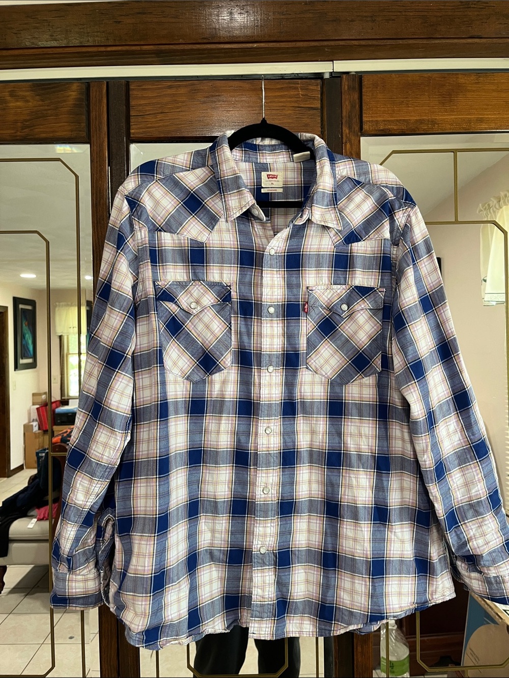 Levi's Men’s Western Blue, Purple Plaid Shirt White Pearl Snap Button